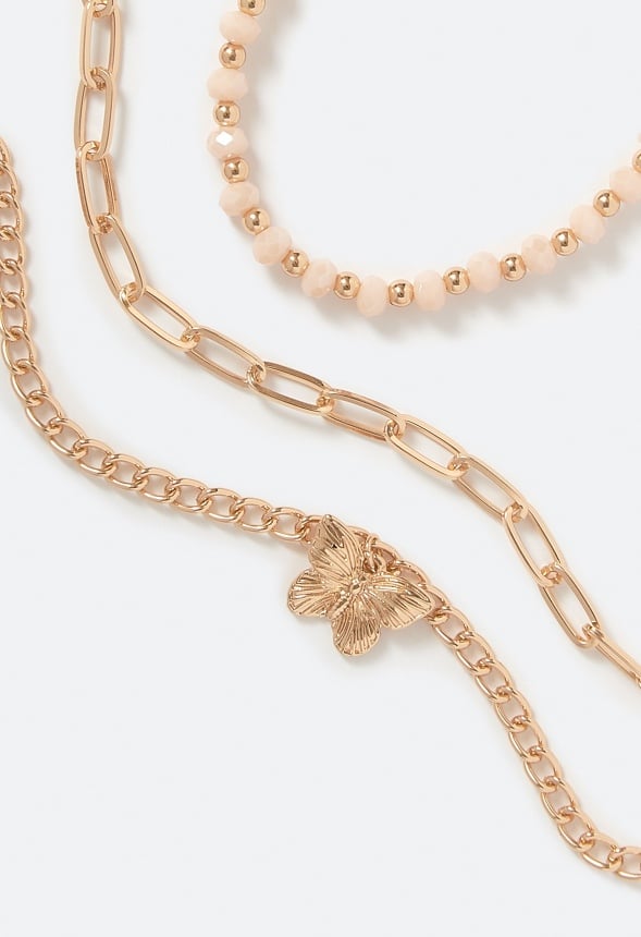 Zhuri 3-Row Mixed Bracelets With Blush Glass Beads & Butterfly Charm Gold