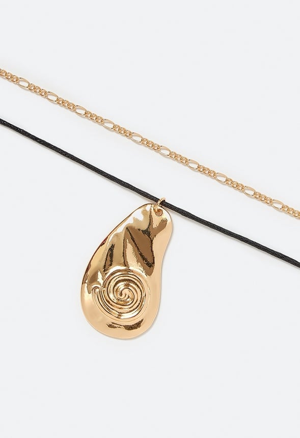2-Rows Jazz Ammonite On Cord And Figaro Chain Necklace Gold/ Black