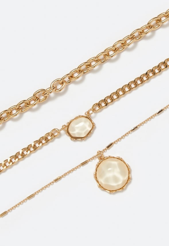 3-Row Lara Mix Chain And Organic Drop Necklace Gold