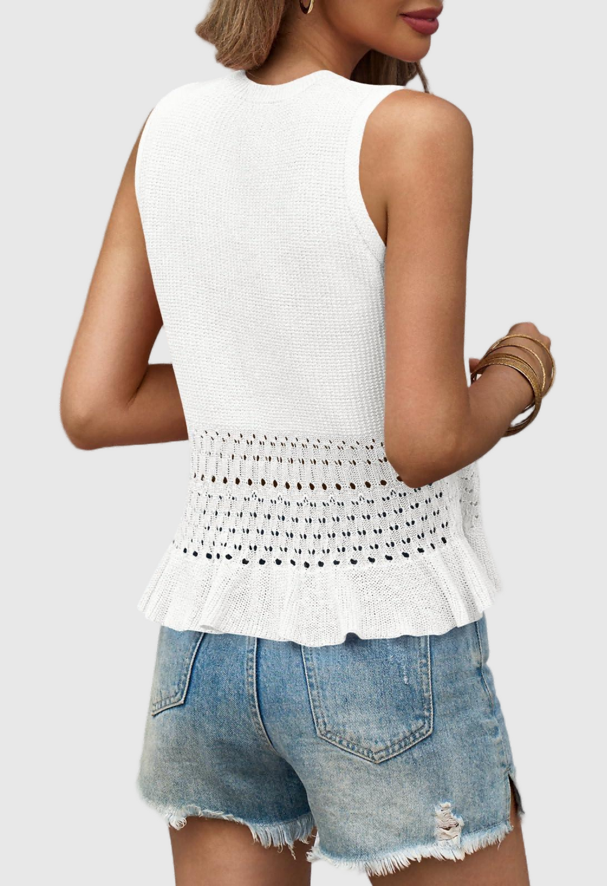 Women Boho Ruffle Crop Vest Sleeveless Crewneck Knit
