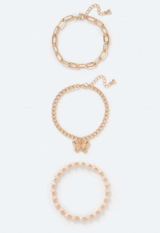 Zhuri 3-Row Mixed Bracelets With Blush Glass Beads & Butterfly Charm Gold