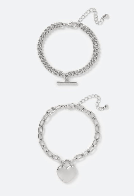 Amal 2 Pack Heart And T-Bar Chain Bracelet Set Silver
