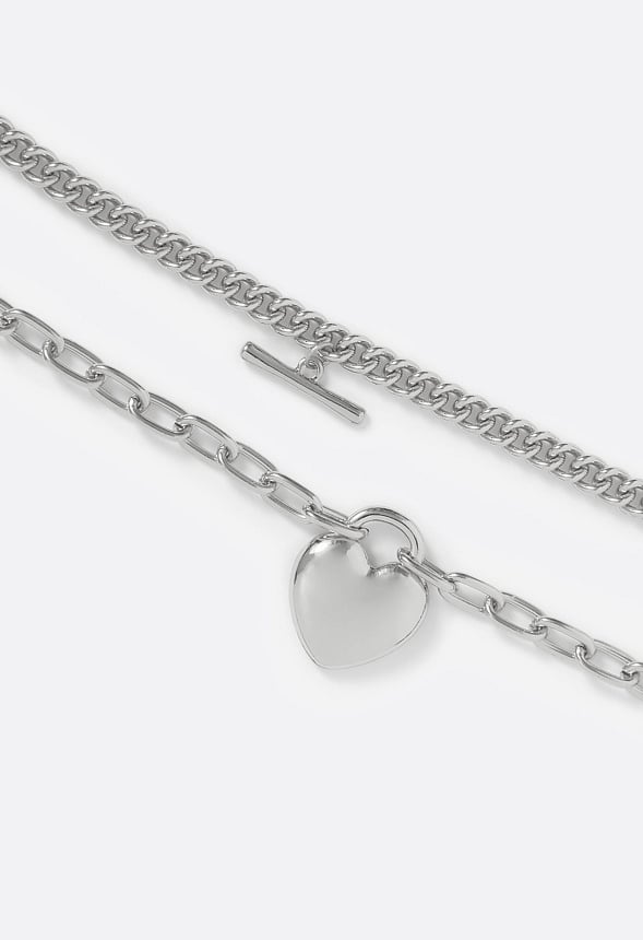 Amal 2 Pack Heart And T-Bar Chain Bracelet Set Silver