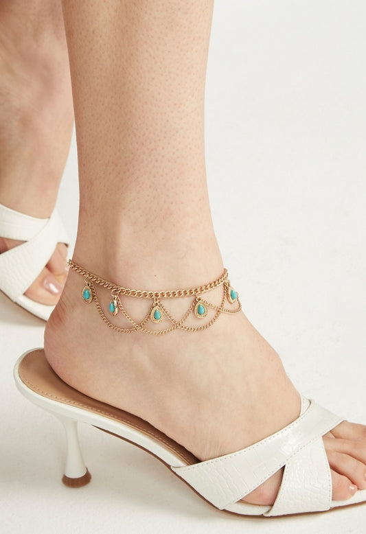 Leah Teardrop Turquoise Chain Anklet Turquoise/ Antique Gold