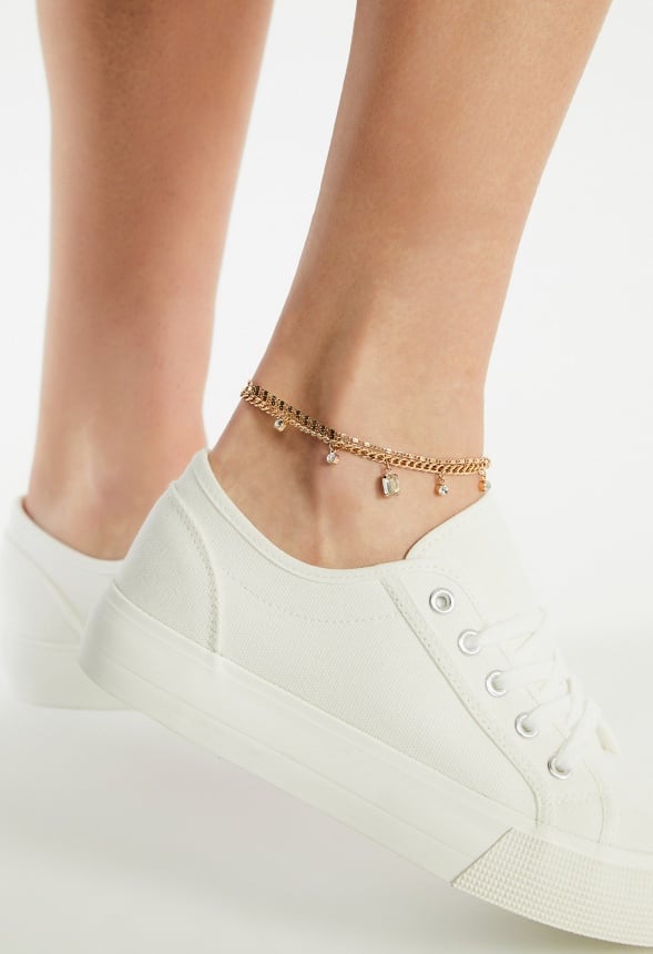 3-Rows Jin Anklet With Glass Stone Drops Gold/ Crystal