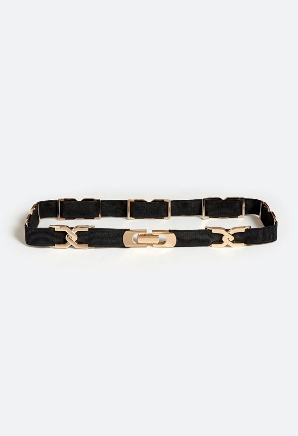 Lucy Woven Chain And Fabric Elastic Waist Belt Black/ Gold