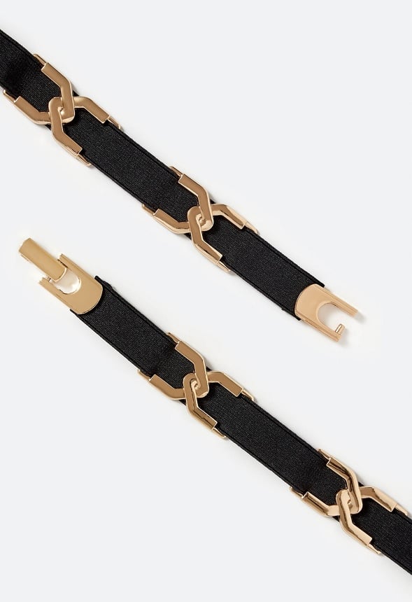 Lucy Woven Chain And Fabric Elastic Waist Belt Black/ Gold