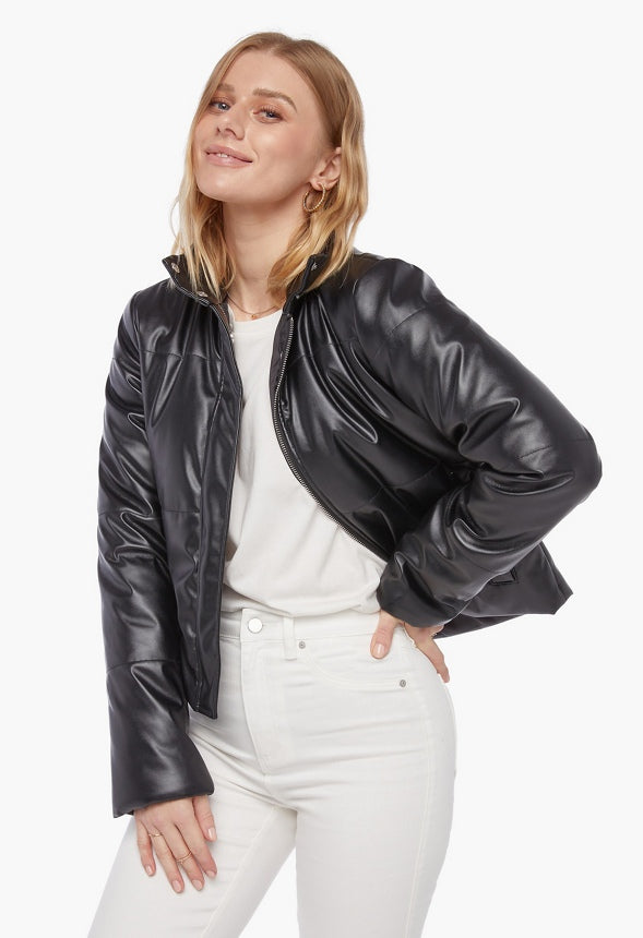 Faux Leather Puffer Jacket Black Caviar
