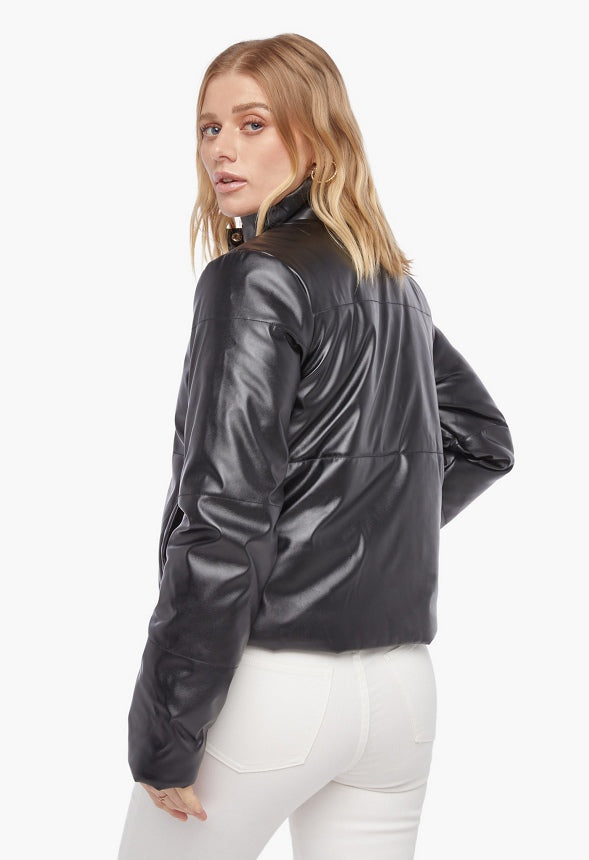 Faux Leather Puffer Jacket Black Caviar