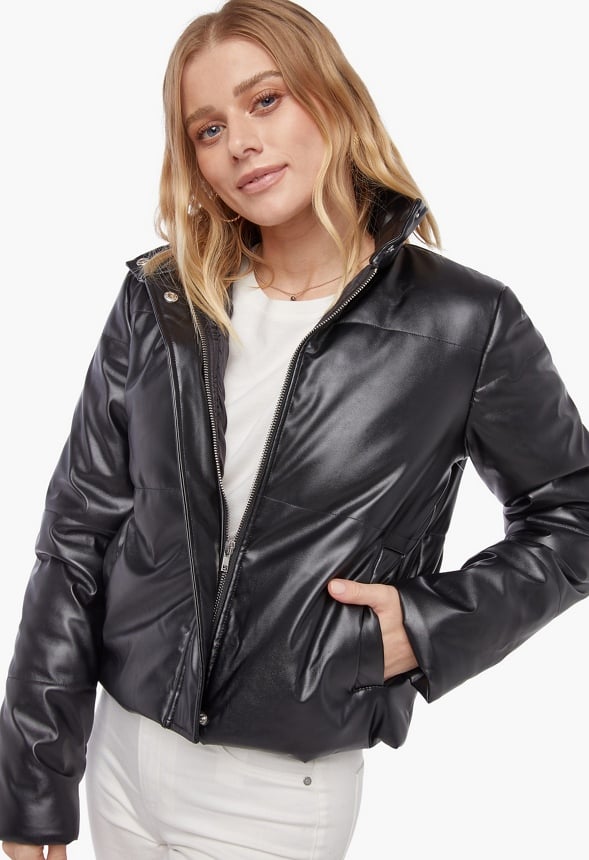 Faux Leather Puffer Jacket Black Caviar
