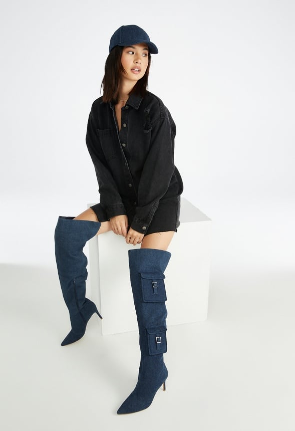 Distressed Denim Mini Shirt Dress Mascara
