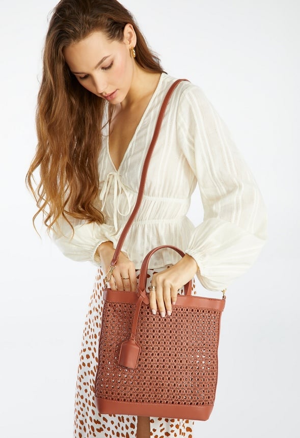 Woven Crossbody Tote Leather Brown