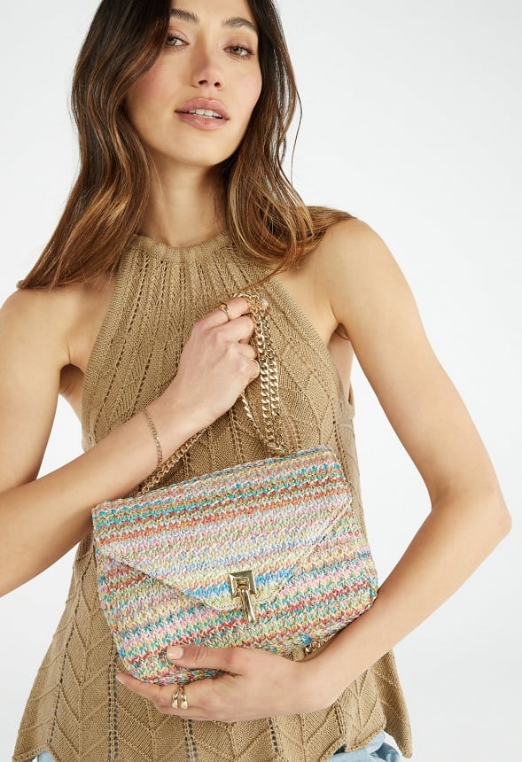 Raffia Crossbody With Flip Lock Closure Multi