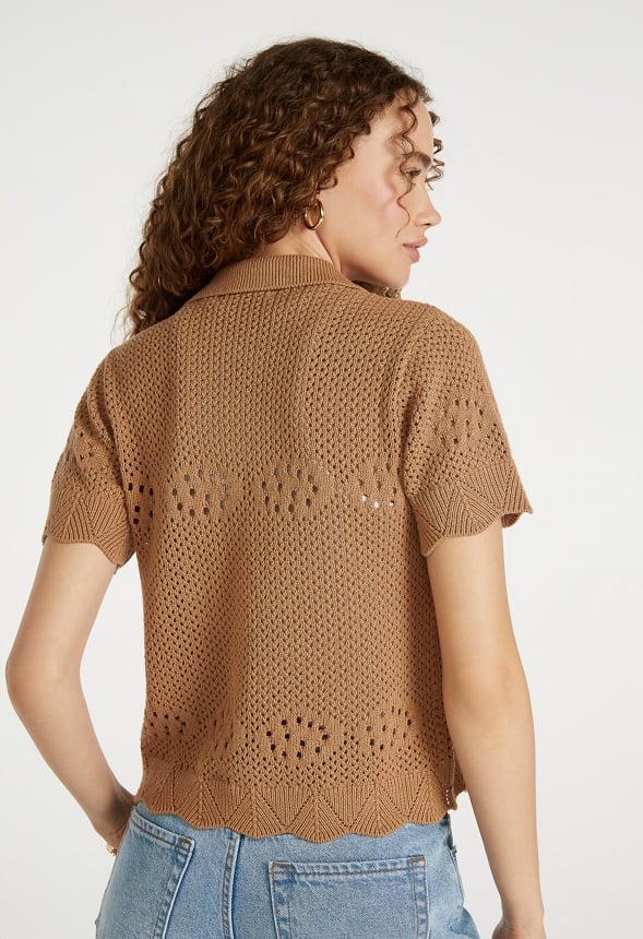 Crochet Short Sleeve Button Up Shirt Taupe