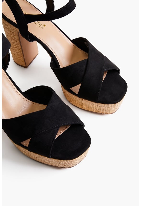 Tina Crossover Platform Sandal Black/ Raffia