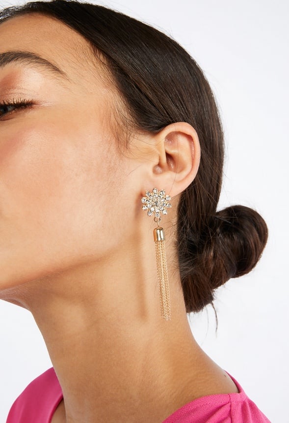 Joy Flower and Chain Tassel Drop Earrings Gold