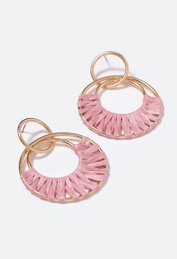 Aliza Raffia Wrapped Rings Drop Earrings Dusty Rose/ Gold