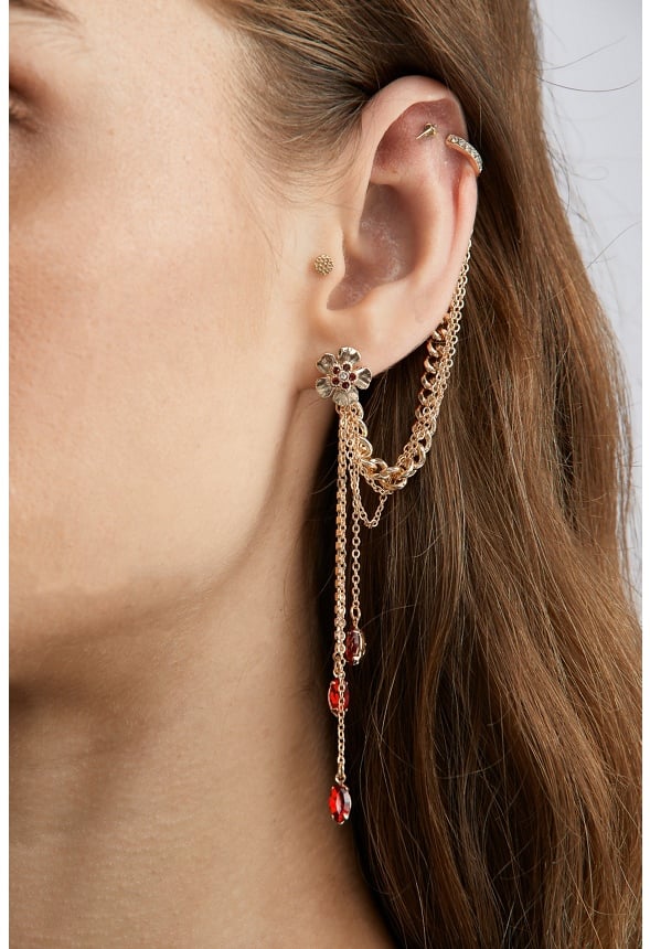 Angel Linked Flower and Navette Earcuff Red/ Gold