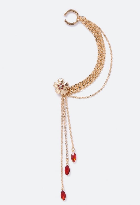 Angel Linked Flower and Navette Earcuff Red/ Gold