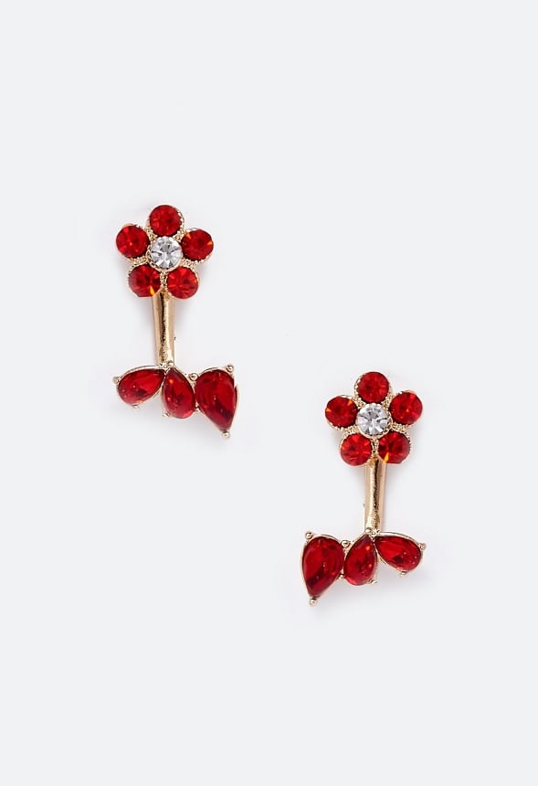 Alora Flower and Navette Front and Back Stud Red/ Gold