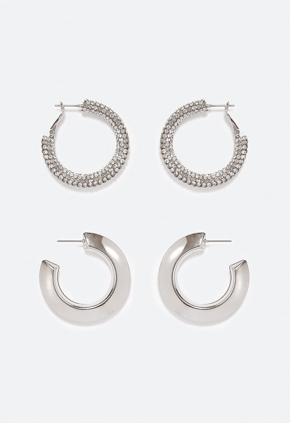 Jane 2 Pair Pack Hoop Earrings Crystal/ Silver