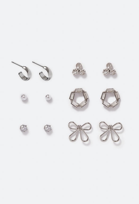6-Pair Pack Aya Cubic Zirconia Stud Earrings Crystal/ Silver