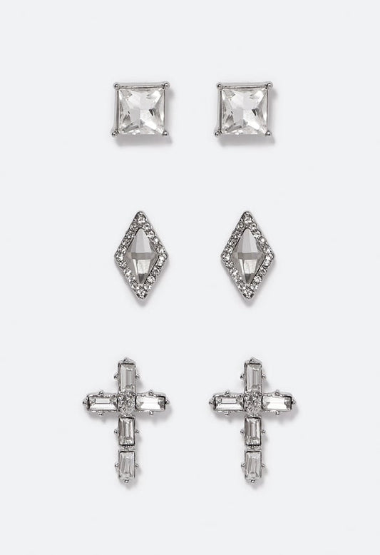 3-Pair Pack Olivia Glass Stone Cross Stud Earrings Crystal/ Silver