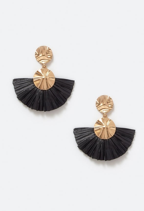 Elia Hammered Metal Disc And Raffia Fringe Drop Earrings Black/ Gold