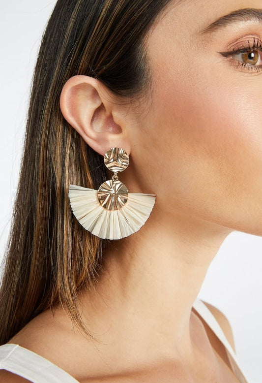 Elia Hammered Metal Disc And Raffia Fringe Drop Earrings Cream/ Gold