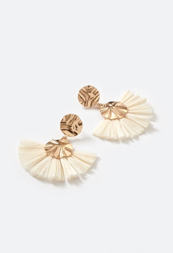 Elia Hammered Metal Disc And Raffia Fringe Drop Earrings Cream/ Gold