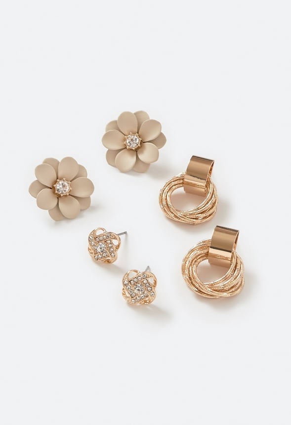 Mina 3-Pair Knot Enamel Flower And Twisted Ring Stud Earrings Beige/ Gold