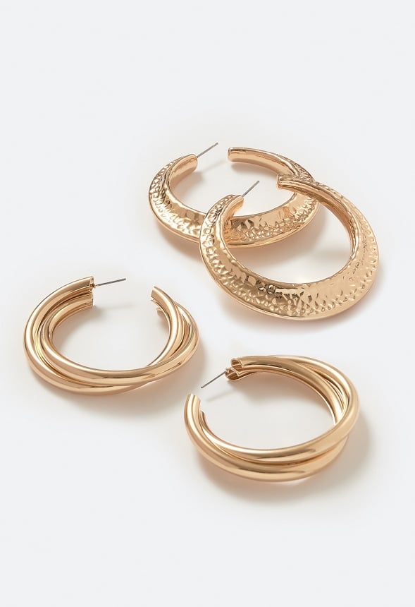 Nyra 2-Pair Lightweight Hoops In Hammered Metal & Twist Designs Gold