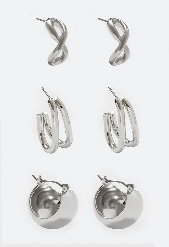 Keira 3-Pair Modern Huggie Hoop Earrings Silver