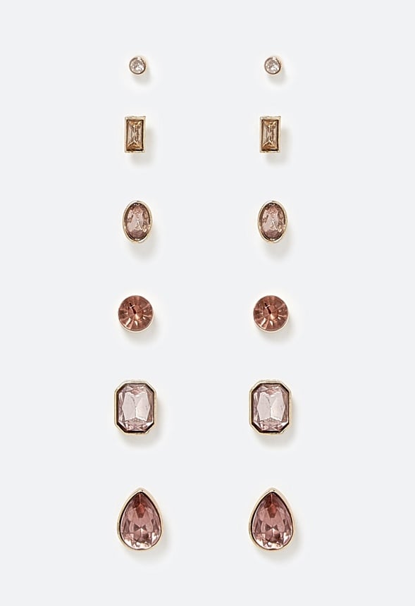 Arlet 6-Pairs Mixed Shape Glass Stud Earrings in Blush Tones Blush/ Gold