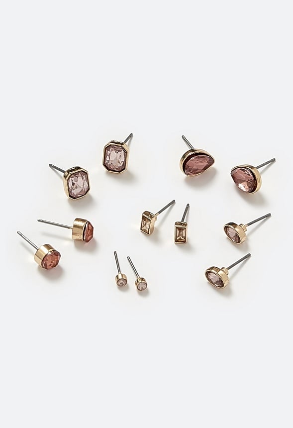 Arlet 6-Pairs Mixed Shape Glass Stud Earrings in Blush Tones Blush/ Gold