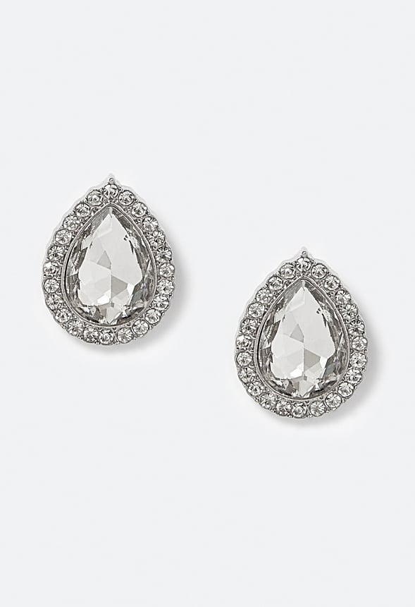 Tru Glass Stone Teardrop With Rhinestones Surrounding Stud Earrings Crystal/ Silver