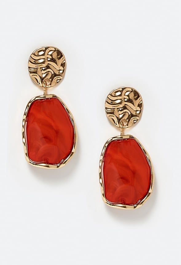 Oma Textured Coin With Irregular Resin Drop Earrings Coral/ Gold