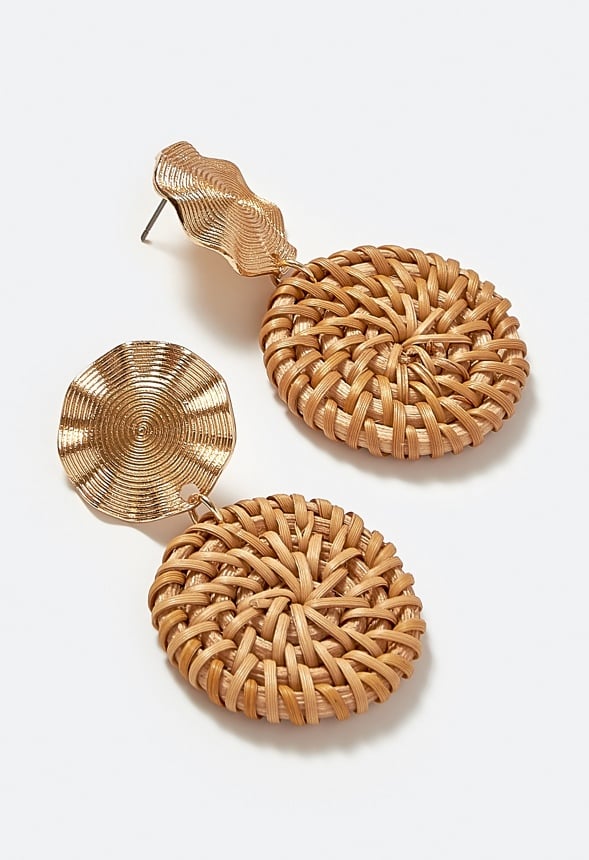 Bia Ribbed Metal And Raffia Double Disc Drop Earrings Gold/ Raffia