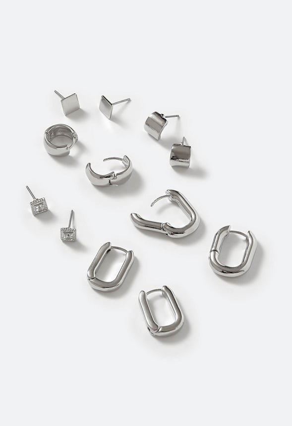 6-Pairs Pack Tara Mixed Metal Studs And Hinged Hoops Earrings Silver