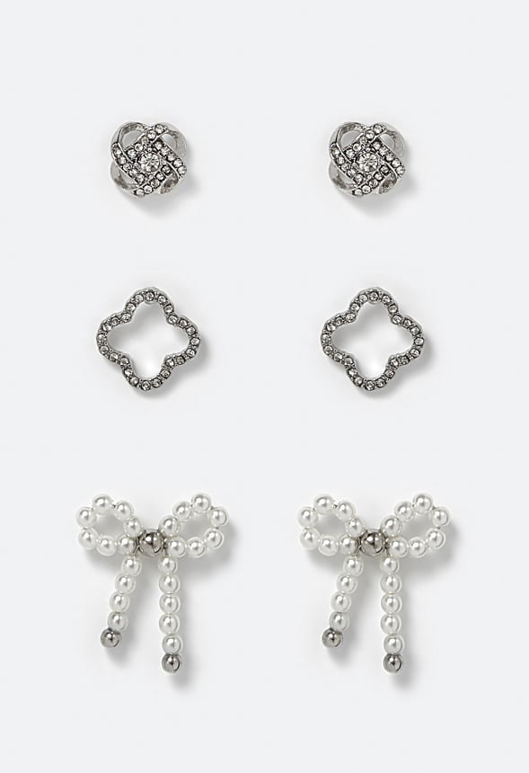 Cora 3 Pair Pack Clover Knot and Pearl Bow Studs Earrings Black/ Silver