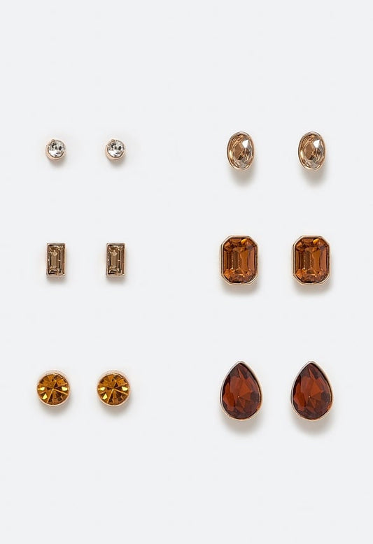 Adah 6 Pairs Mixed Shape Glass Stud Earrings In Topaz Stones Topaz/ Gold