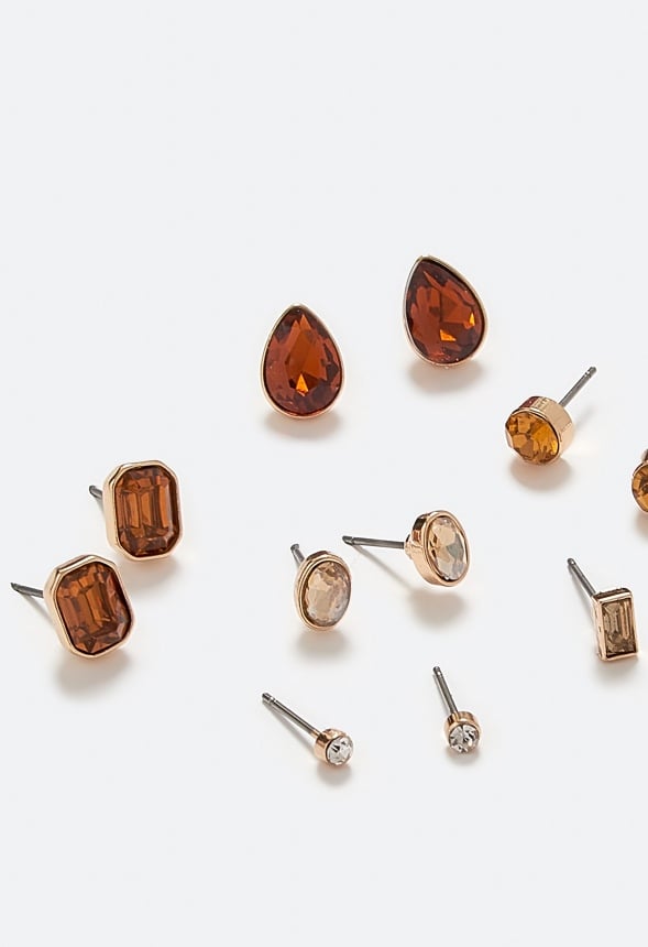 Adah 6 Pairs Mixed Shape Glass Stud Earrings In Topaz Stones Topaz/ Gold