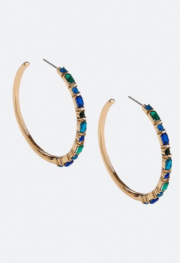 Fran Tonal Glass Stone Set Hoop Earrings Blue/ Green/ Gold