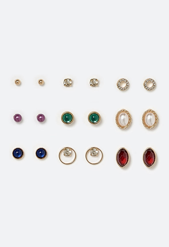Dalia Multicolour Resin Stones 9 Pair Pack Stud Earrings Multi/ Gold