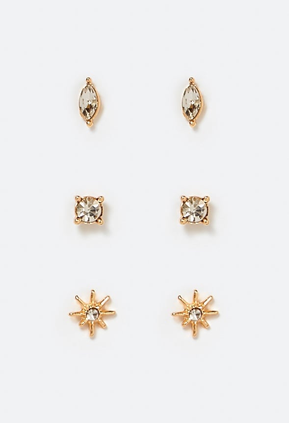 3-Pair Mia Glass Stones Fine Stud Earrings Pack Crystal/ Gold