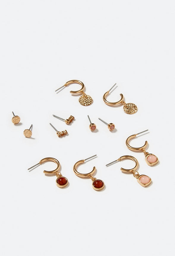 6-Pair Hana Mixed Metal Studs & Hoops With Smooth Stone Inlay  Topaz/ Pink/ Gold Mix