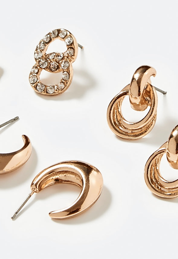 Fay 3 Pair Mixed Stud and Teardrop Earring Set Crystal/Gold