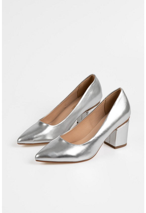 Chunky Heeled Pumps Silver