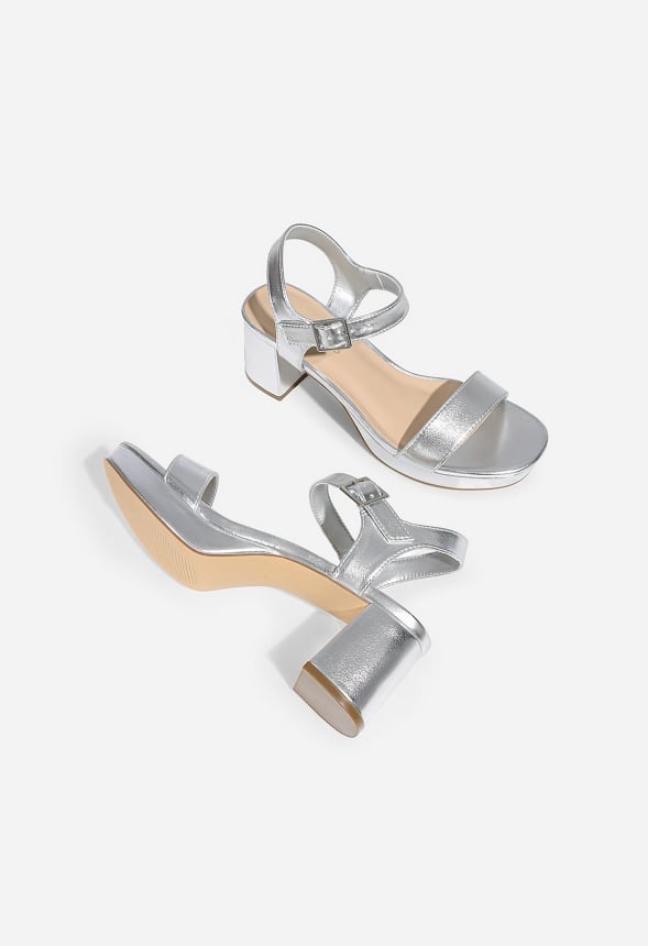 Chunky Block Heeled Sandals Silver