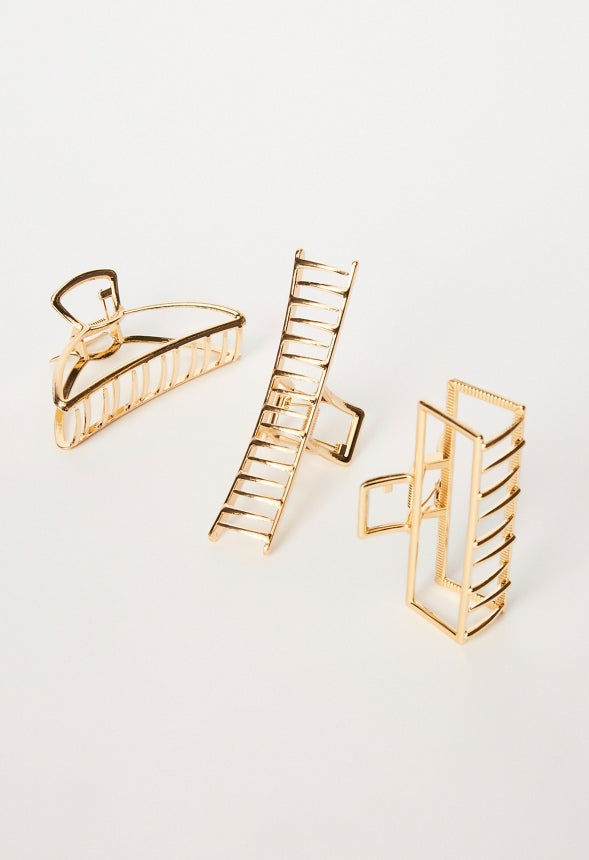 3 Pack Metal Hair Claw Set Gold